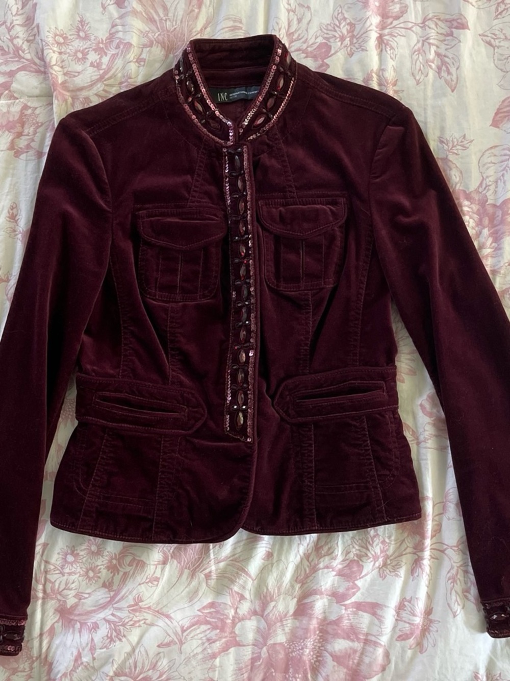 INC International Concepts Deep Burgundy Velvet Blazer with Embellished Trim